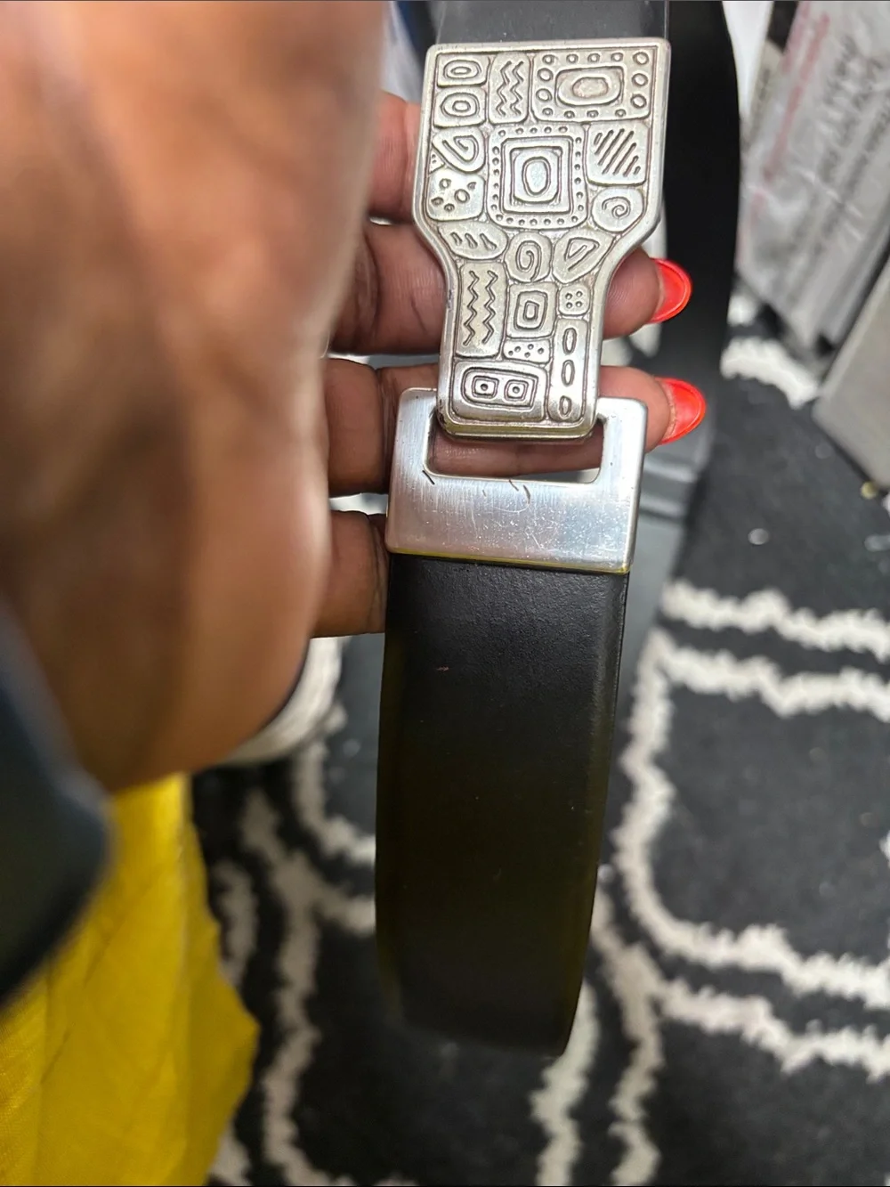 Men's Black Leather Belt with Decorative Silver Buckle